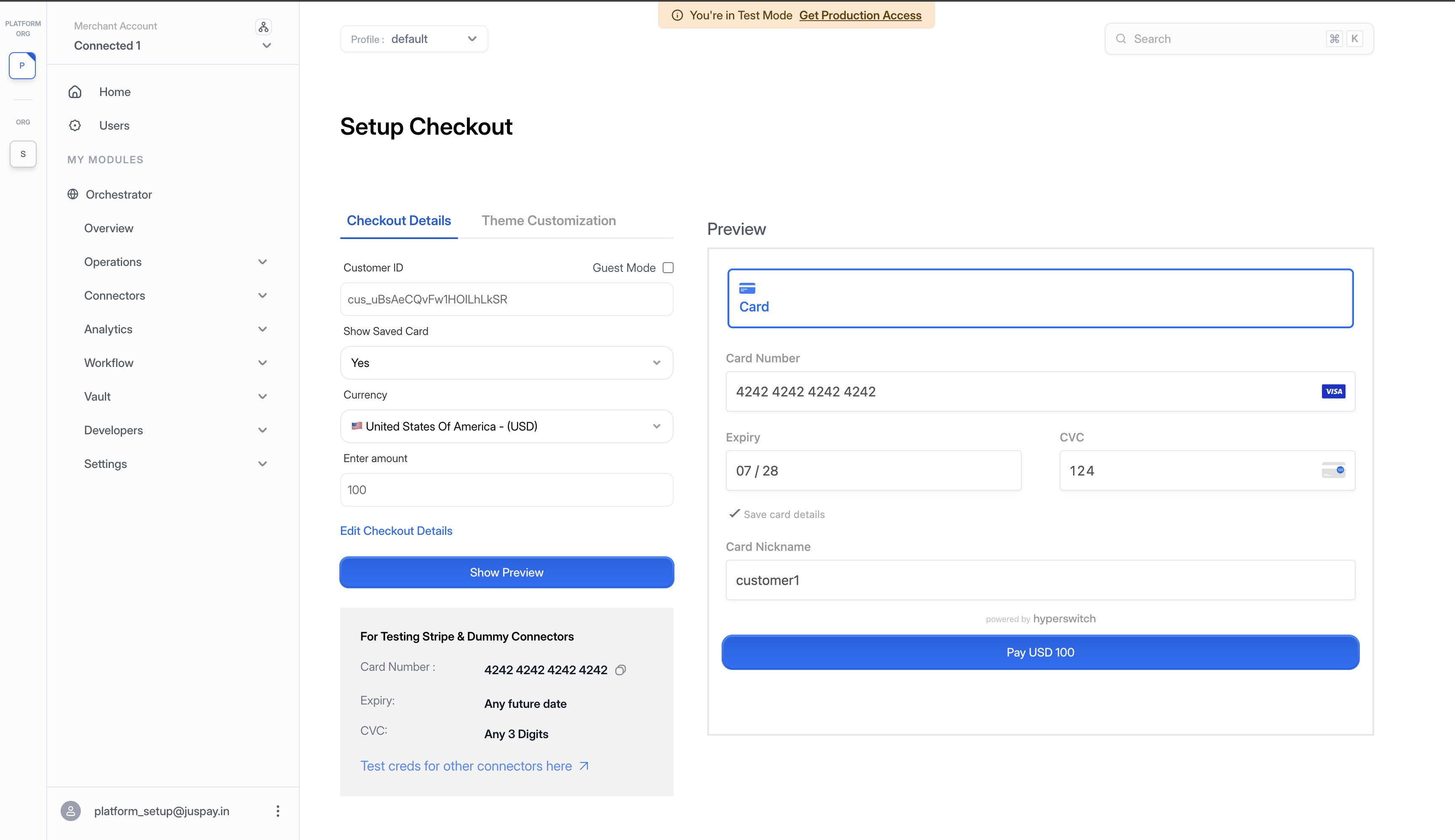 Setup Checkout on Connected Merchant 1 with customer ID from shared pool, Save card checked, and card details entered