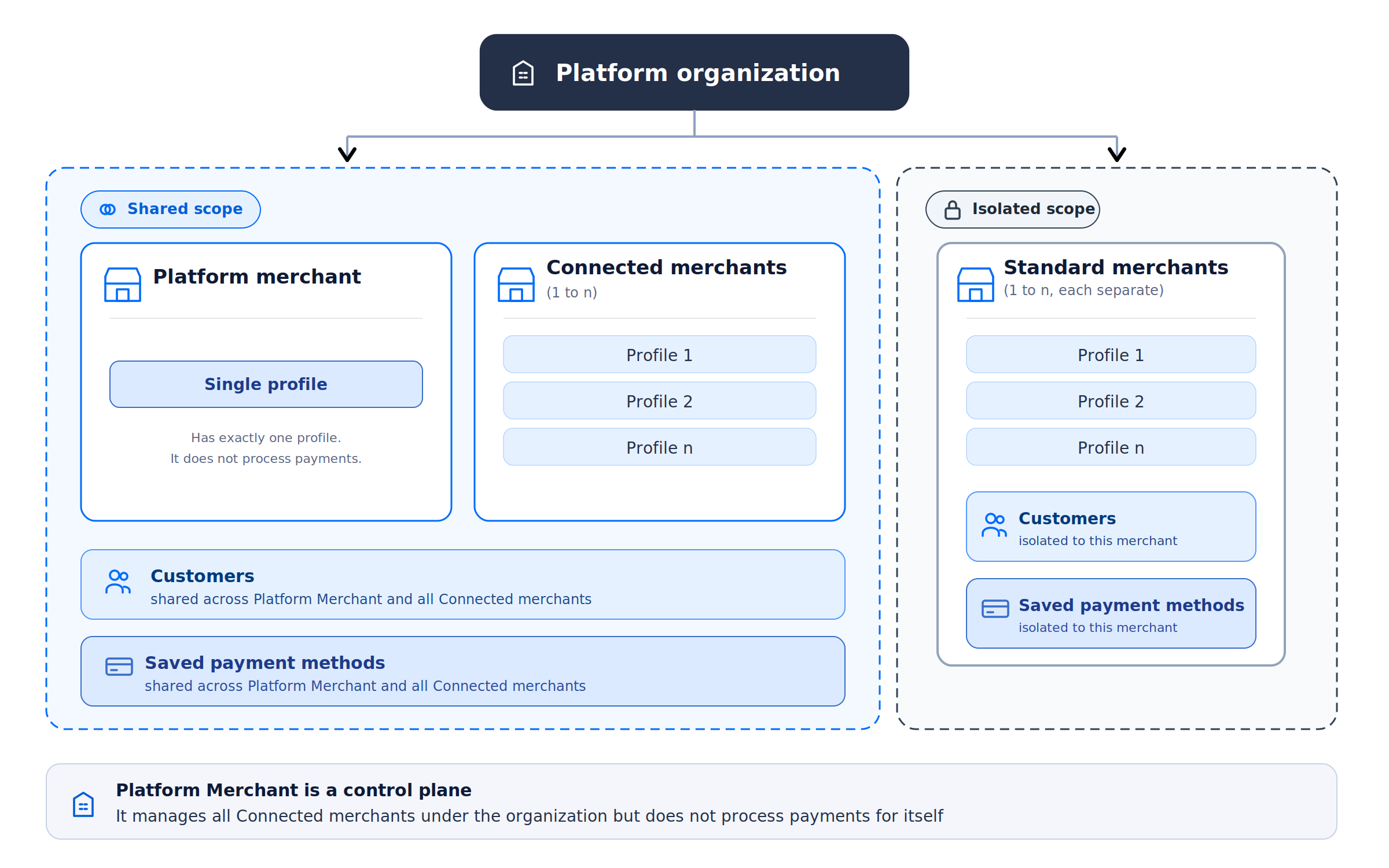 Platform Organization with Platform Merchant and Connected Merchants in shared scope, and Standard Merchants in isolated scope