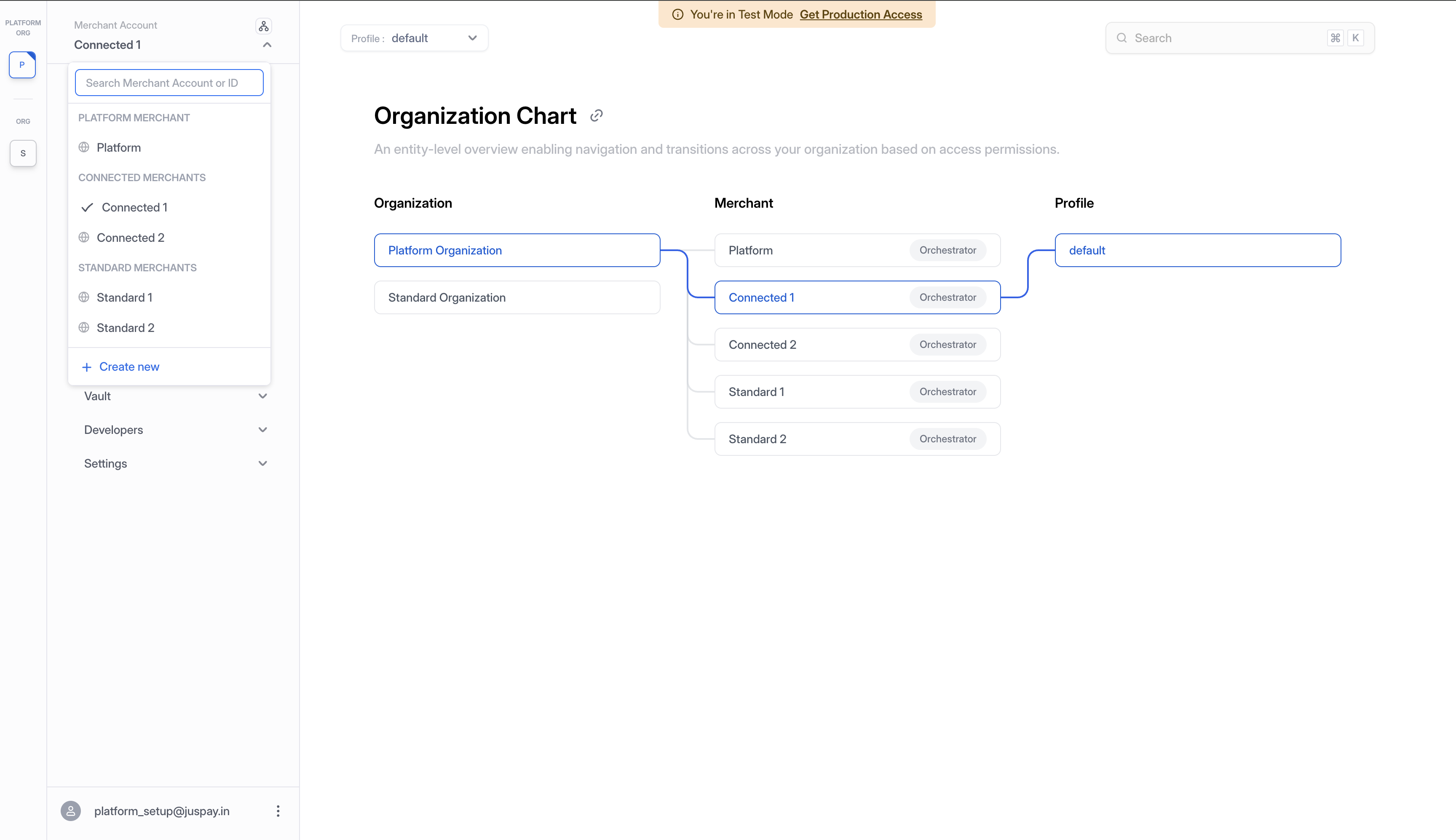 Organization Chart showing Platform Organization with Platform Merchant, Connected Merchant 1, Connected Merchant 2, Standard Merchant 1, and Standard Merchant 2