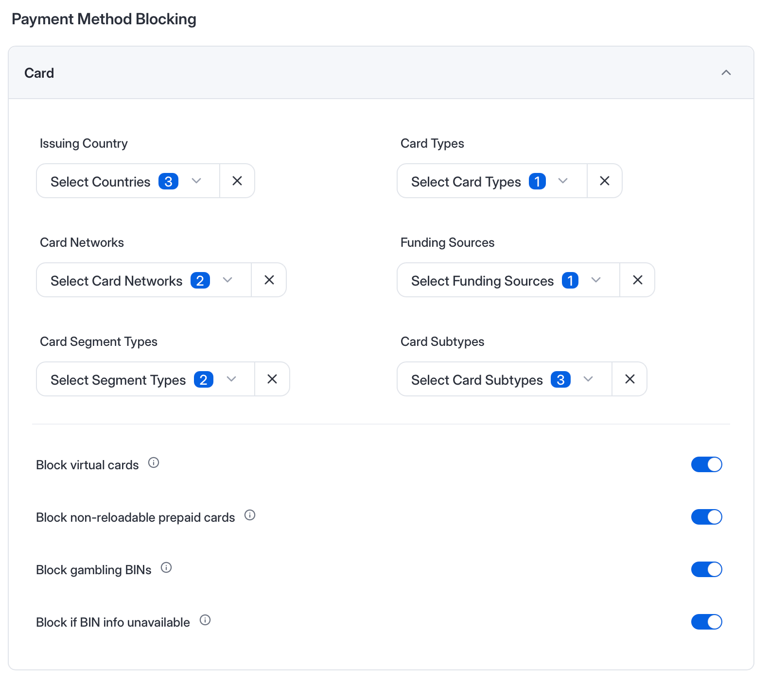 Card section of Payment Method Blocking with every attribute field and switch