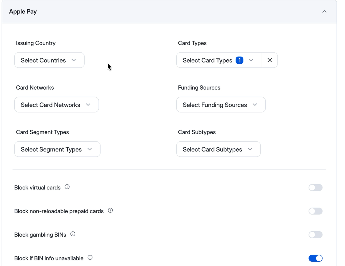 Apple Pay section expanded showing every card-attribute field