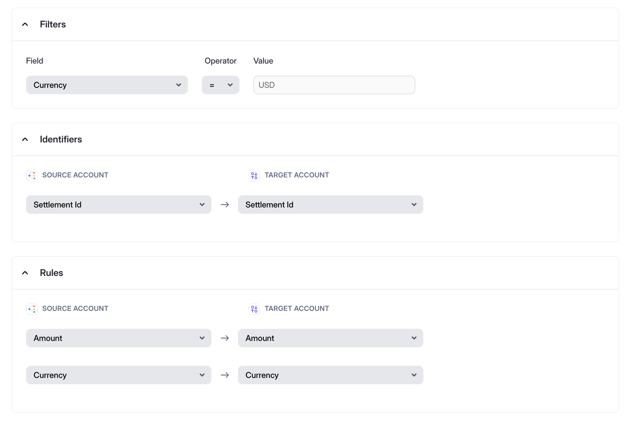 Image showing rules setup in the reconciliation product