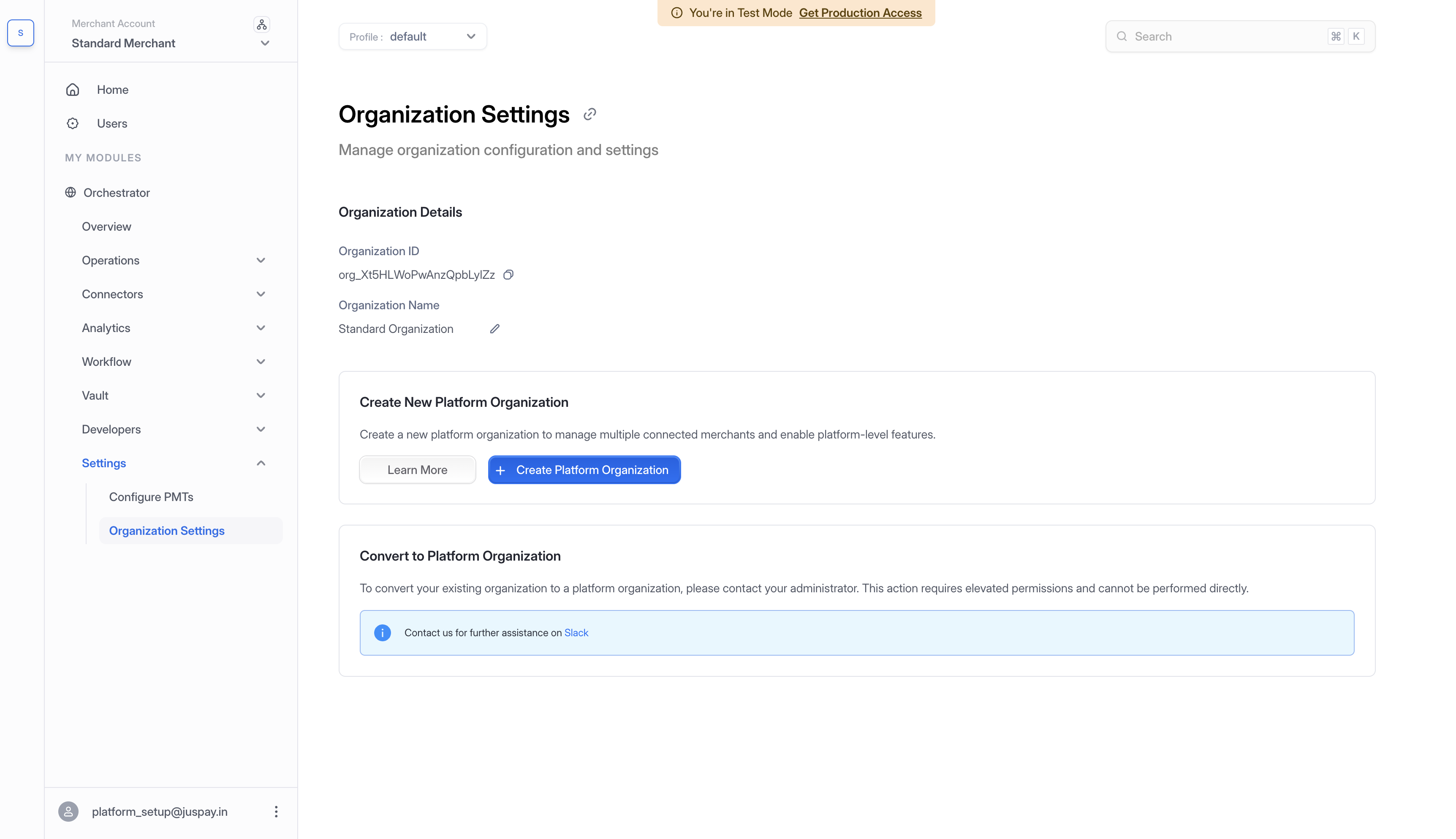 Organization Settings page showing Organization Details, Create New Platform Organization section, and Convert to Platform Organization notice