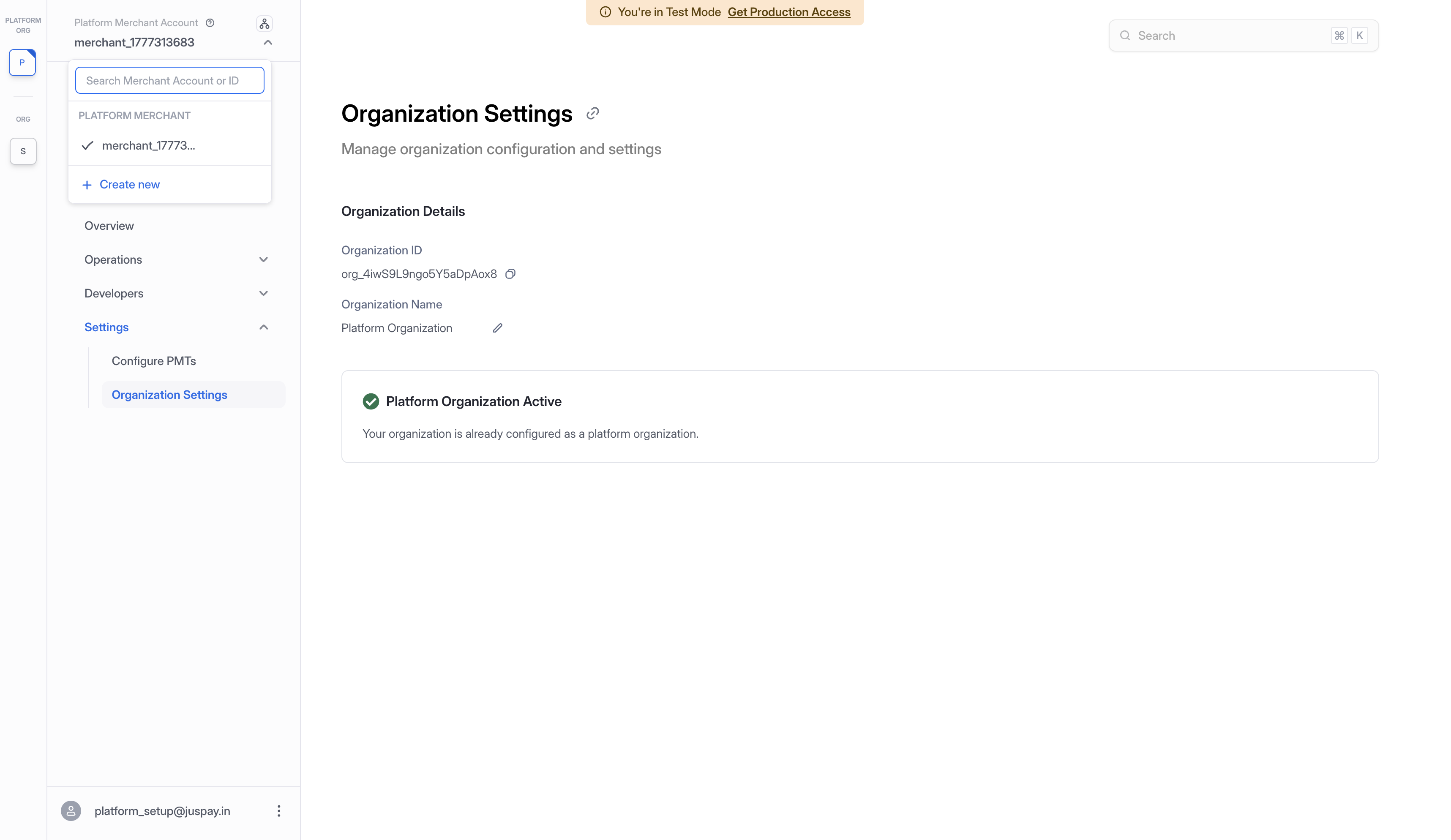 Organization Settings showing Platform Organization Active with green checkmark and updated sidebar with Platform Merchant