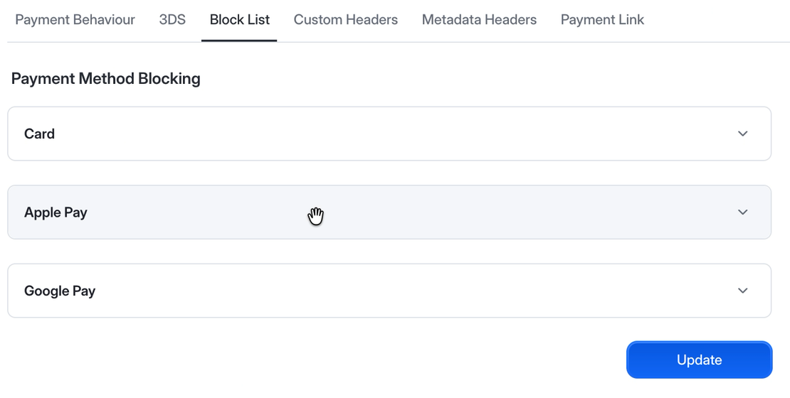 Block List tab showing Card, Apple Pay and Google Pay sections