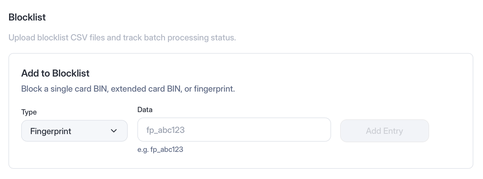 Add to Blocklist card with the type set to Fingerprint