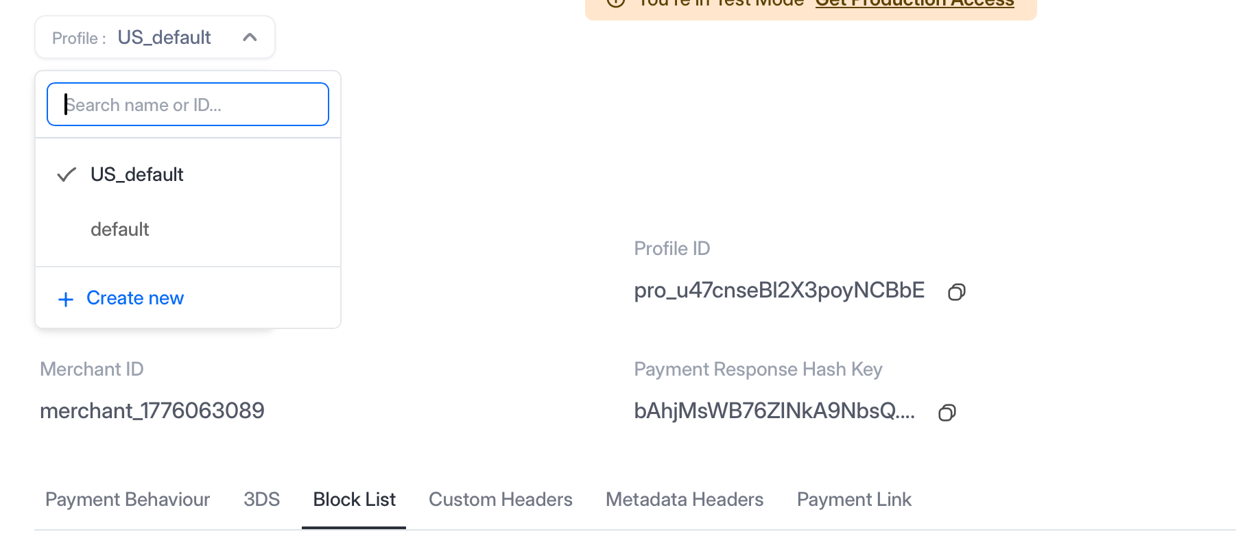 Profile selector open on the Payment Settings page, above the Block List tab