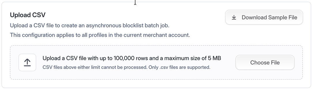 Upload CSV card with Download Sample File and Choose File