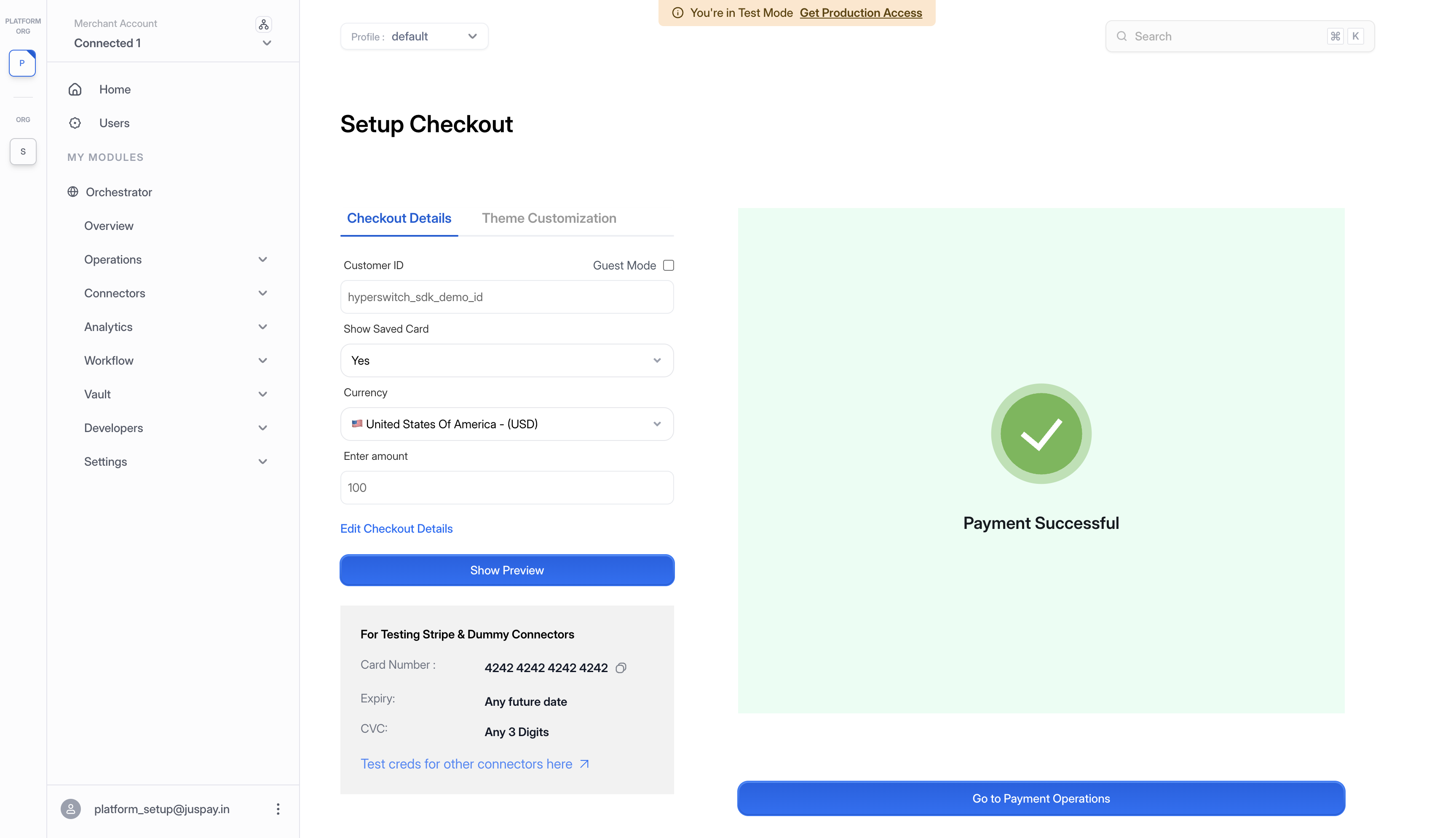 Payment Successful screen on Connected Merchant 1 after saving card