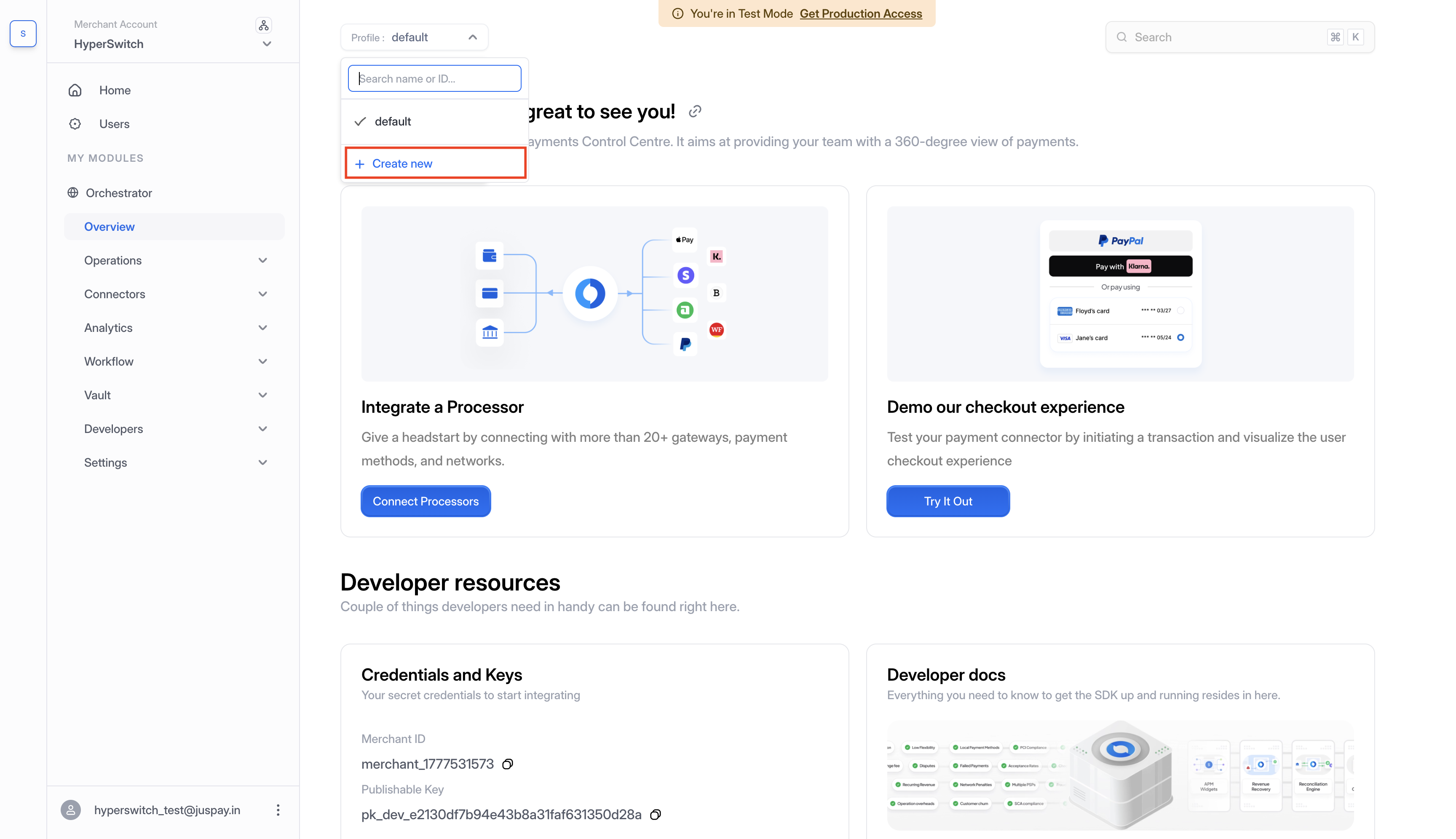 Profile dropdown with the Create new profile option highlighted