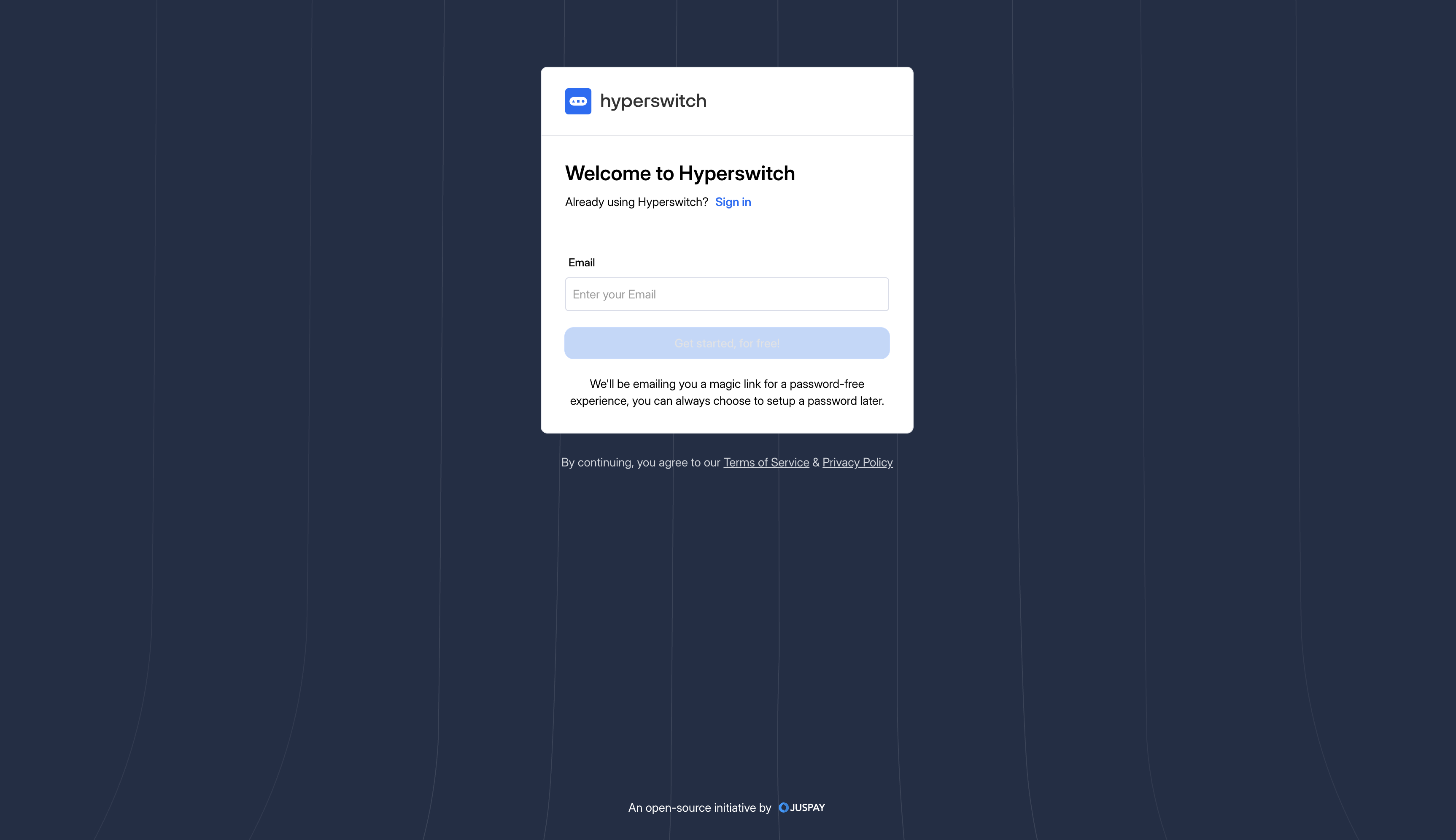 Hyperswitch Control Centre sign-up screen with email and password fields