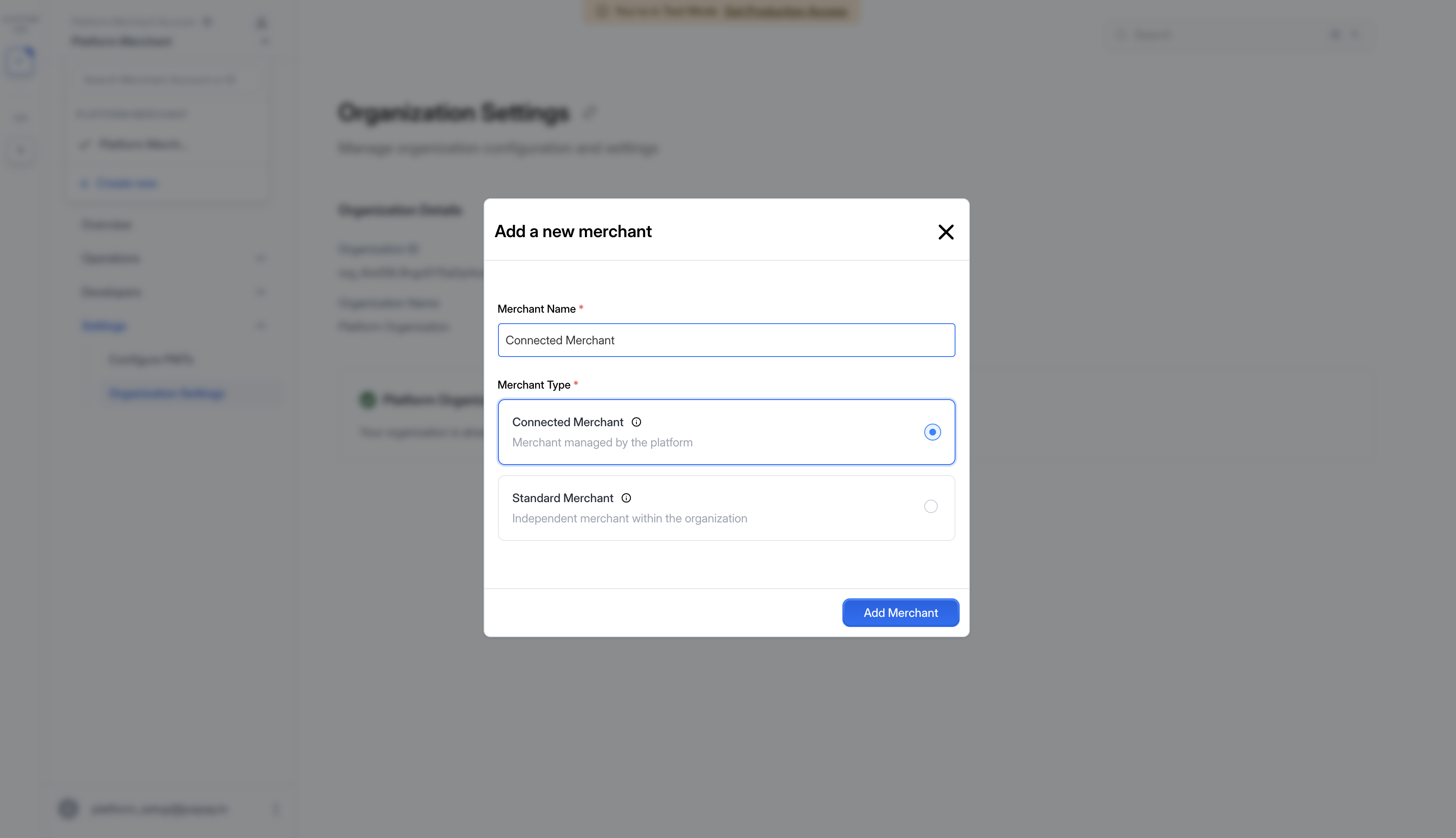 Add merchant modal with Connected Merchant name entered and Connected Merchant type selected
