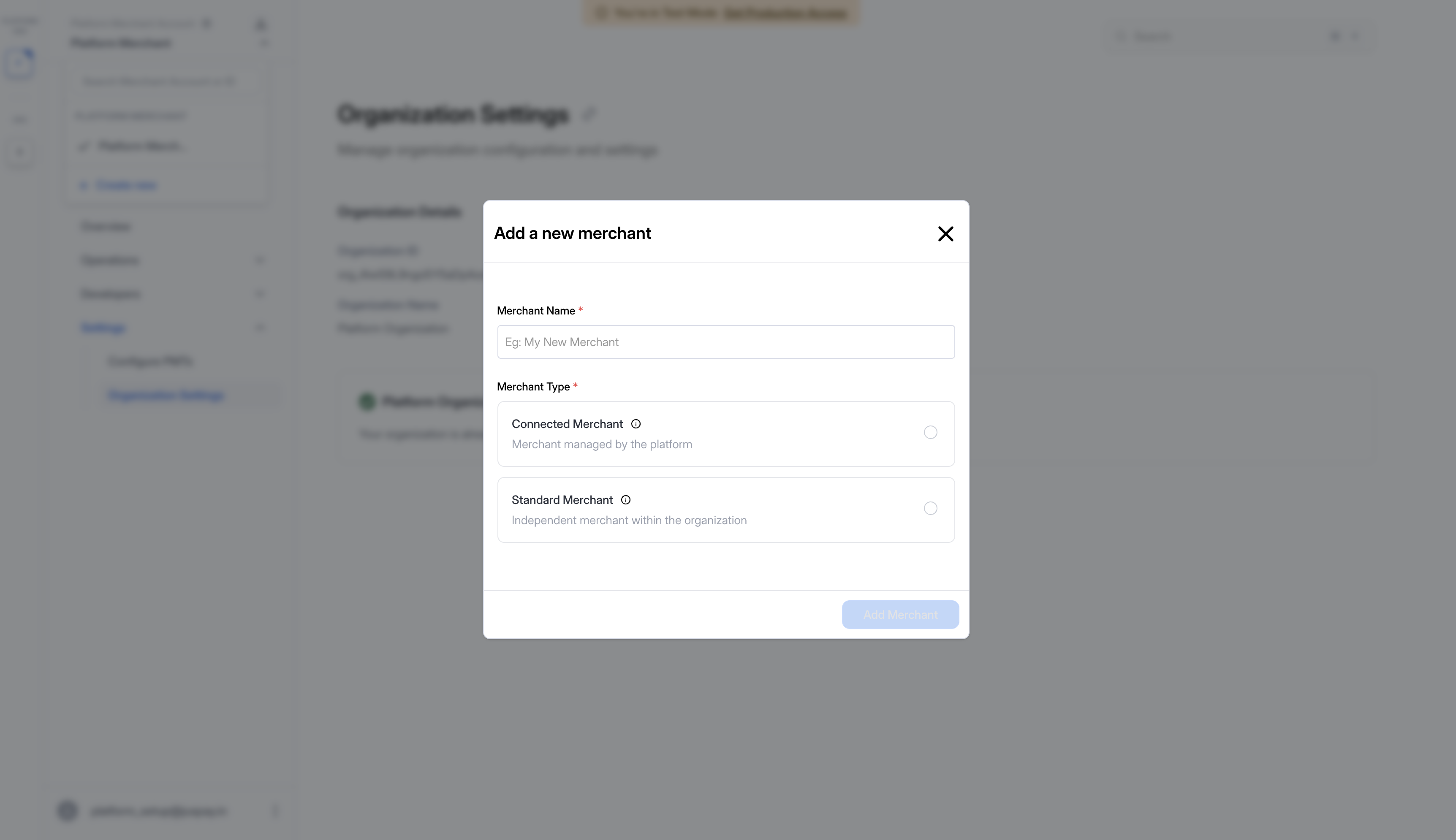 Add a new merchant modal showing Merchant Name and Merchant Type options