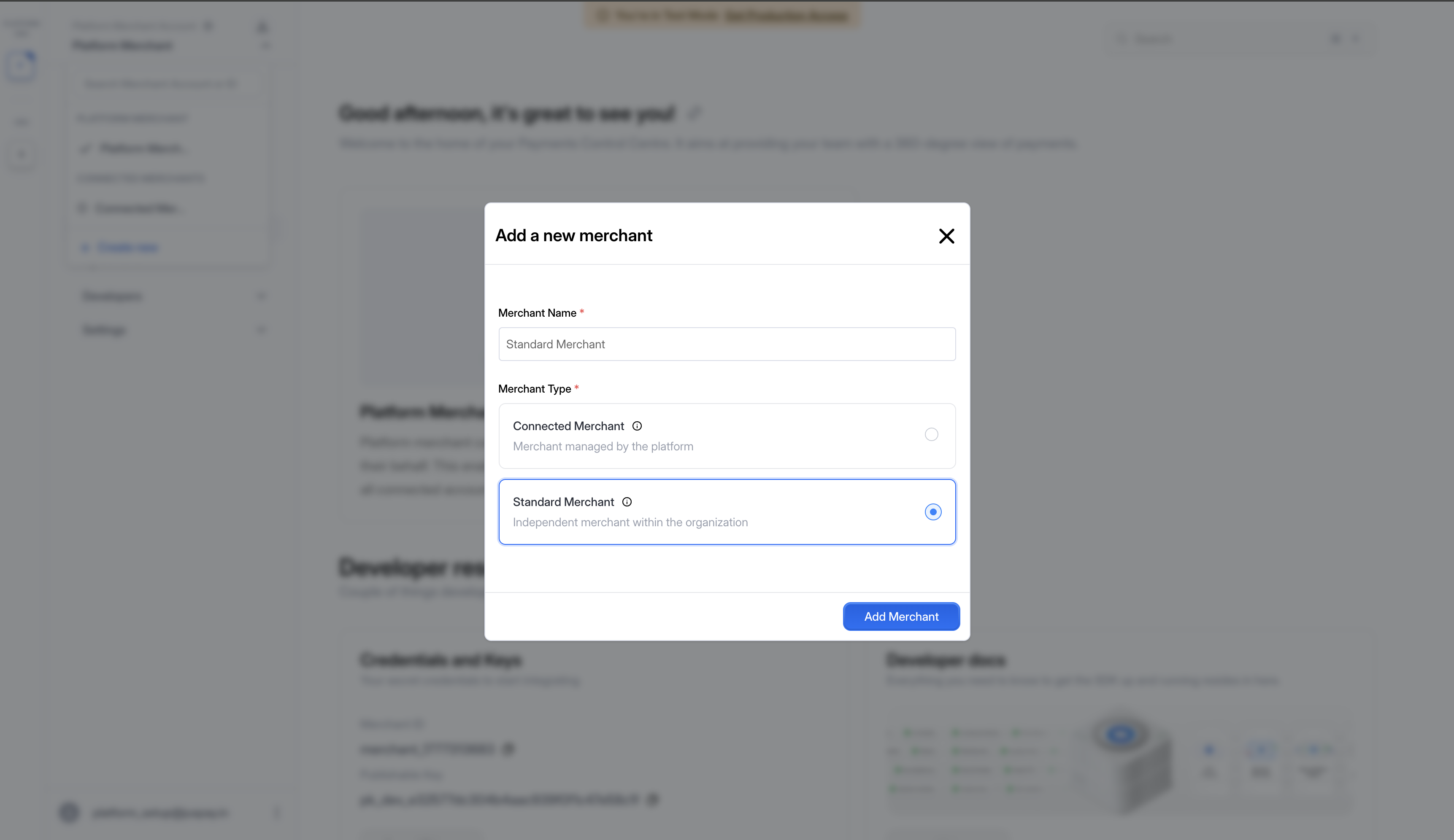 Add merchant modal with Standard Merchant name entered and Standard Merchant type selected