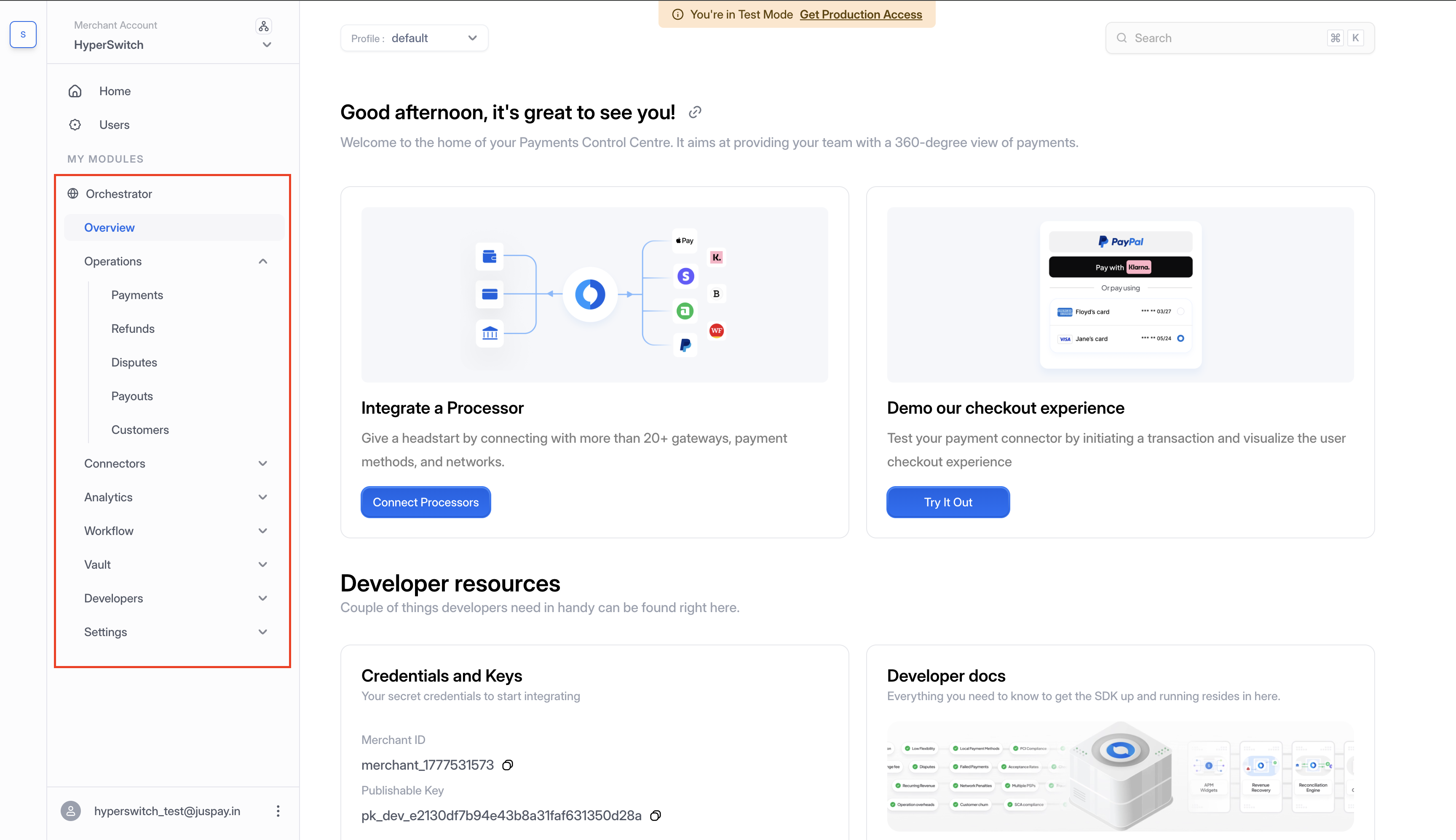Dashboard home screen with left-navigation sections highlighted